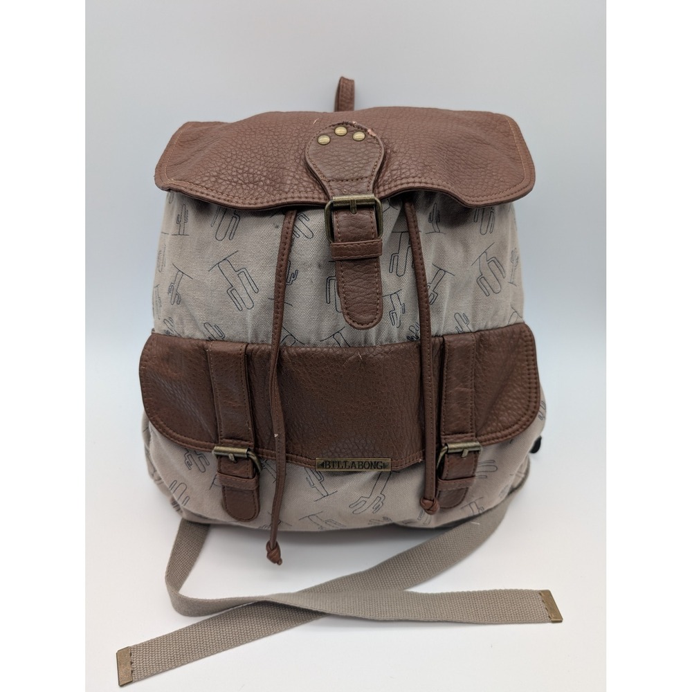Billabong Cactus Print Canvas Backpack Brown Faux Leather Trim Drawstring Bag